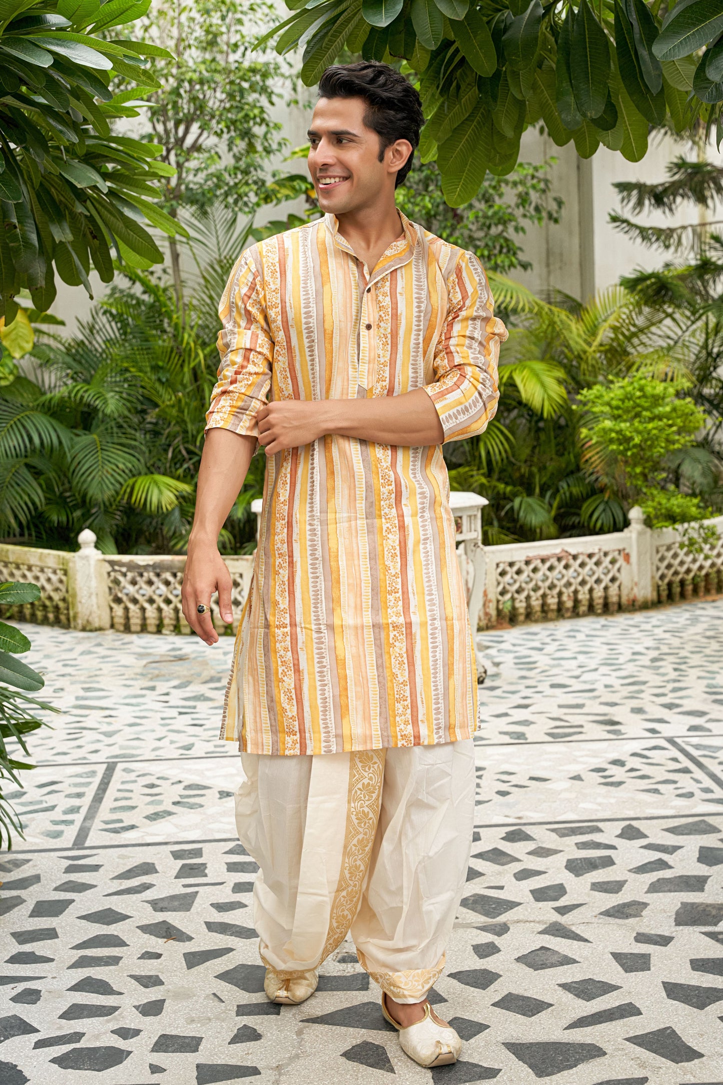 The Multicolor Pastel Print Long Kurta with Floral Stripe Print and Foil Work