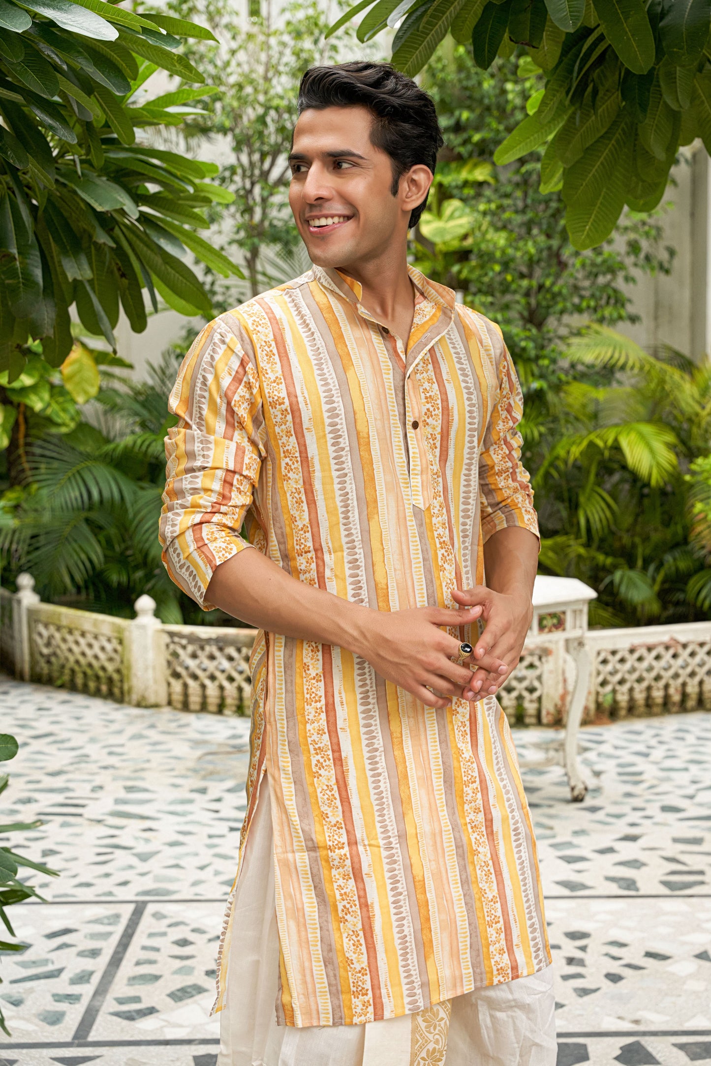 The Multicolor Pastel Print Long Kurta with Floral Stripe Print and Foil Work