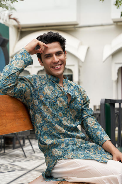 The Ocean Blue Foil Print Long Kurta with All-Over Floral Print