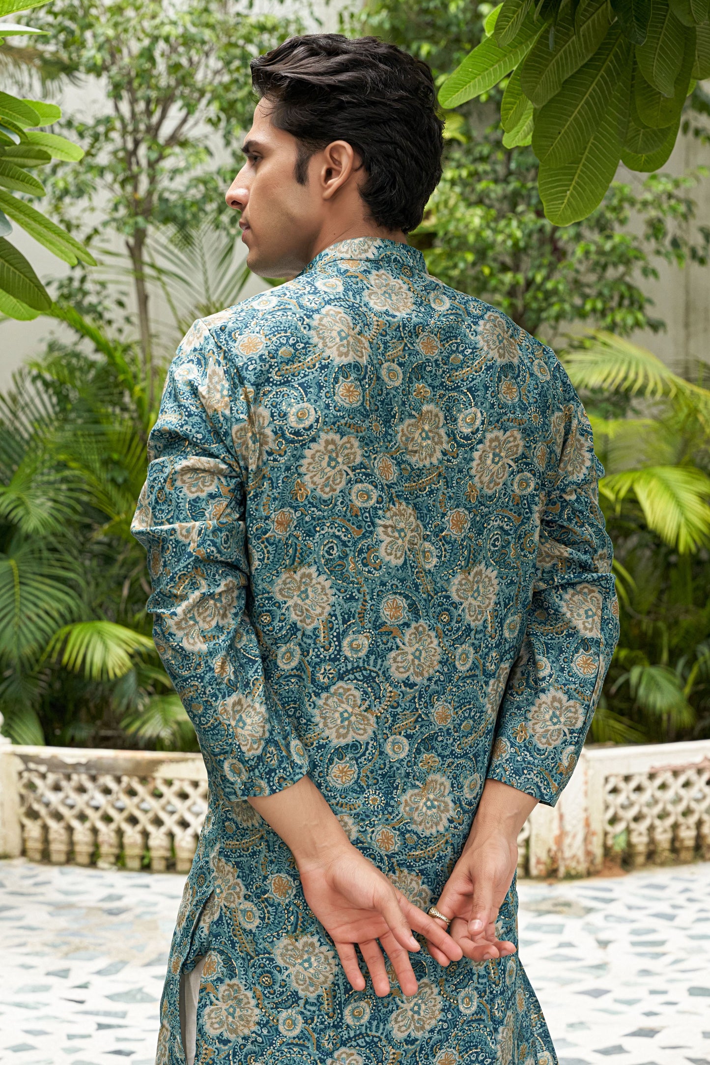 The Ocean Blue Foil Print Long Kurta with All-Over Floral Print