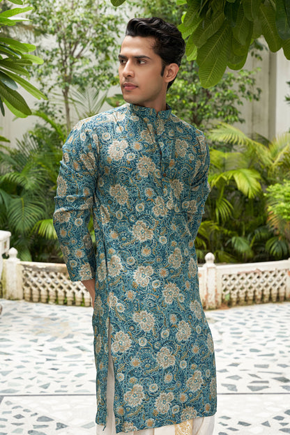 The Ocean Blue Foil Print Long Kurta with All-Over Floral Print