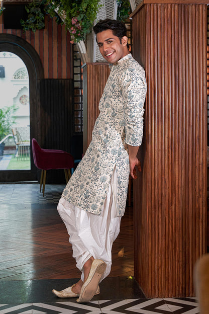 The Pearl White Embroidery Work Long Kurta with Green Botanical Print and Sequins Work