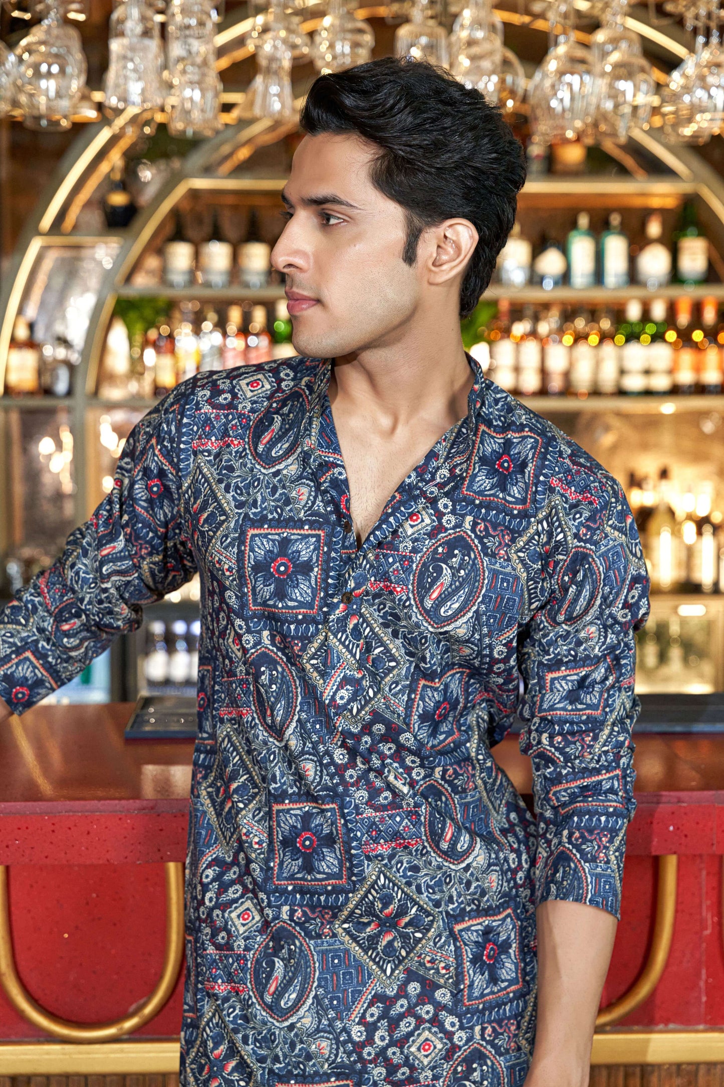 The Patricks Blue Foil Work Long Kurta with Ethnic Prints