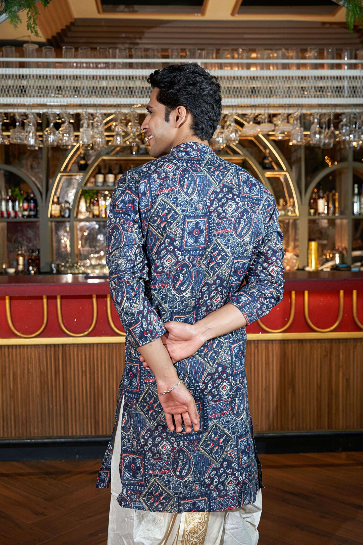 The Patricks Blue Foil Work Long Kurta with Ethnic Prints