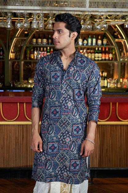 The Patricks Blue Foil Work Long Kurta with Ethnic Prints