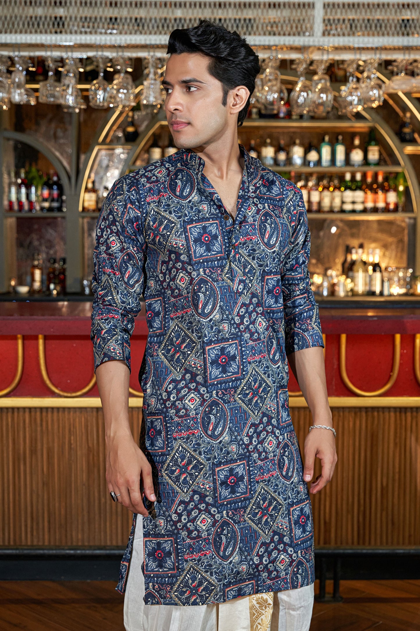 The Patricks Blue Foil Work Long Kurta with Ethnic Prints