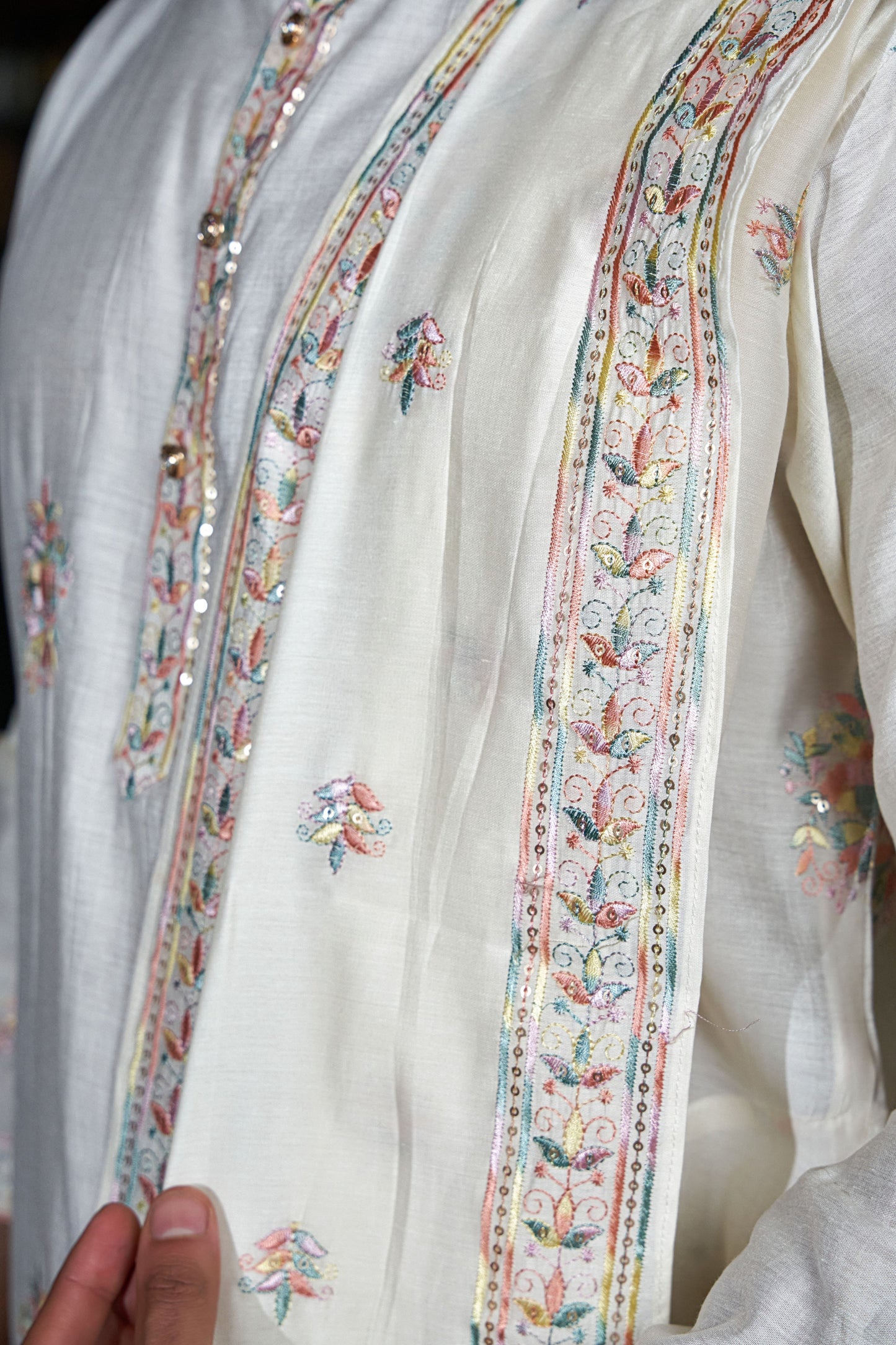 The White Long Kurta with Multicolor Embroidery and Sequins Work