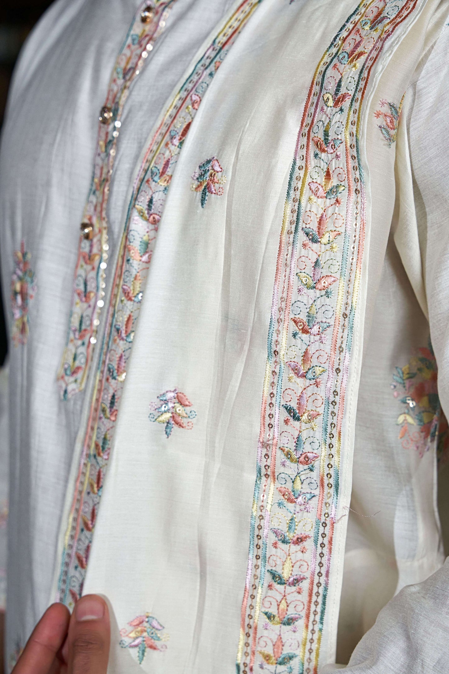 The Off-White Multicolor Embroidery Long Kurta with Embroidered Dupatta