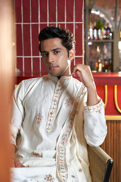 The White Long Kurta with Multicolor Embroidery and Sequins Work