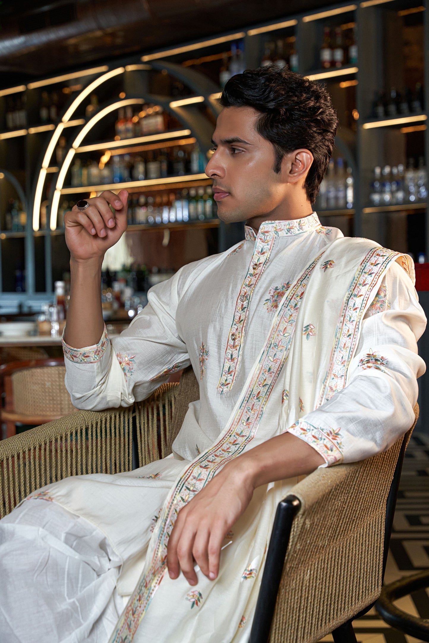 The White Long Kurta with Multicolor Embroidery and Sequins Work