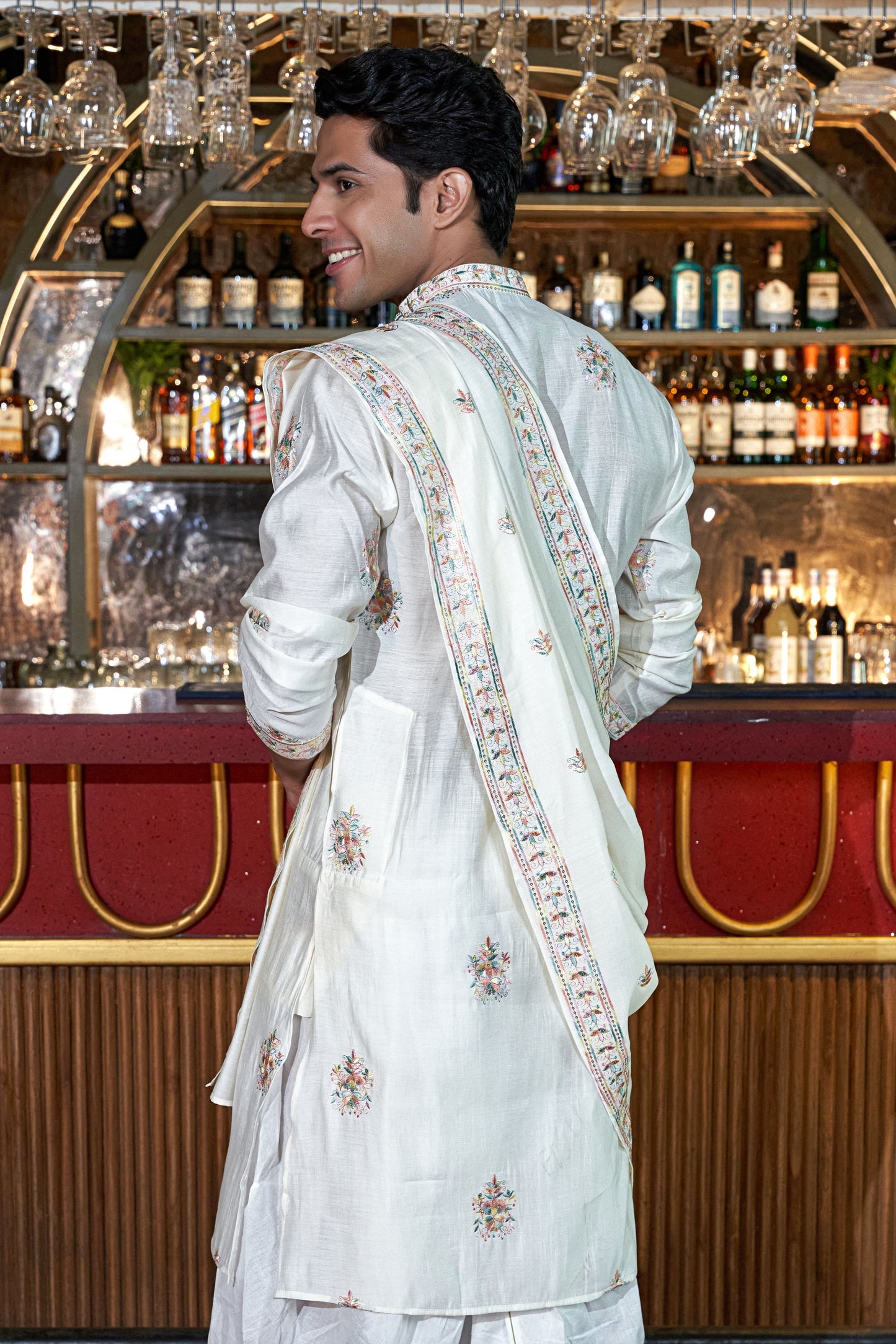 The White Long Kurta with Multicolor Embroidery and Sequins Work