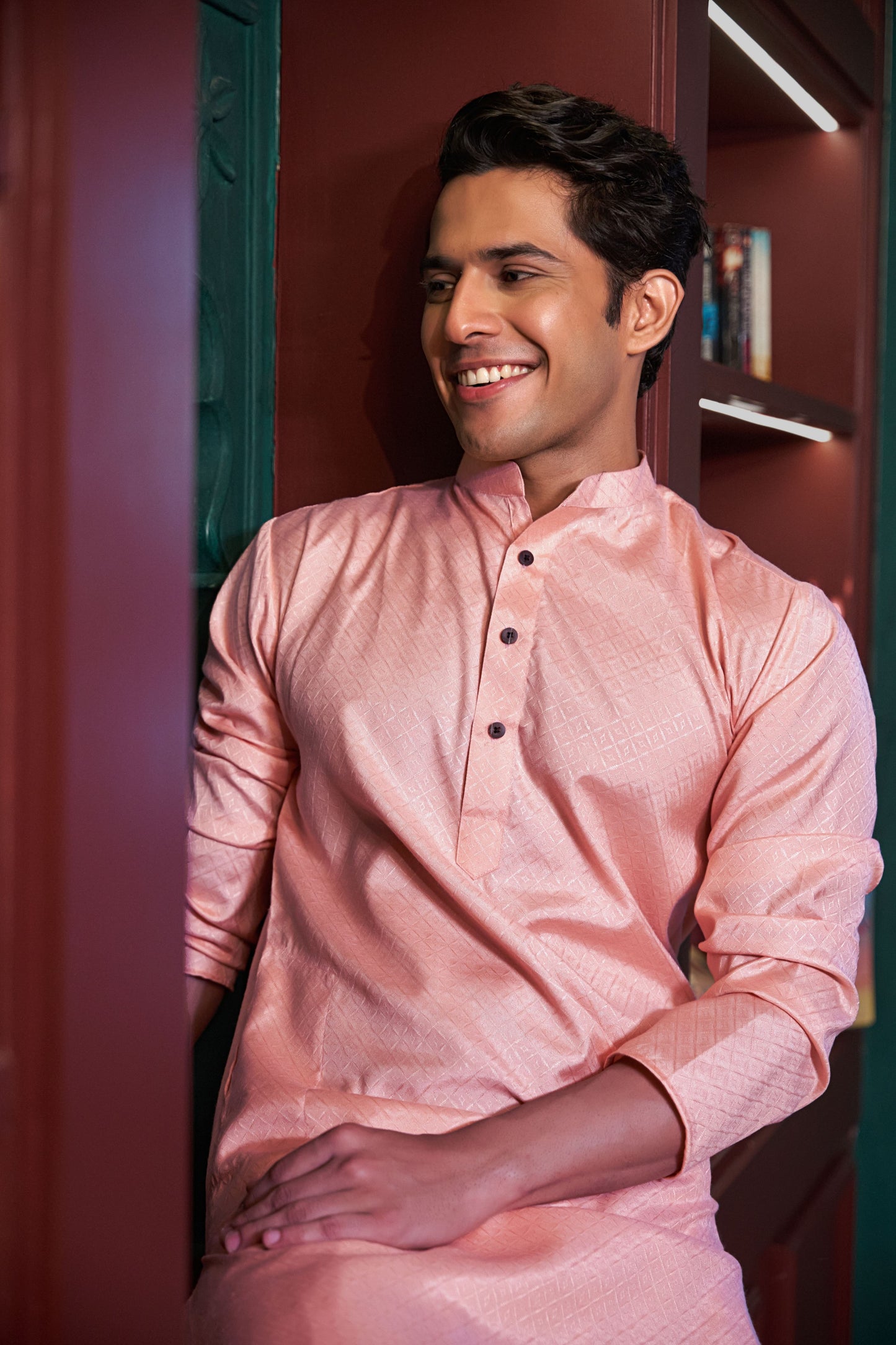 The Salmon Pink Color Long Kurta with Geometric Self-Work