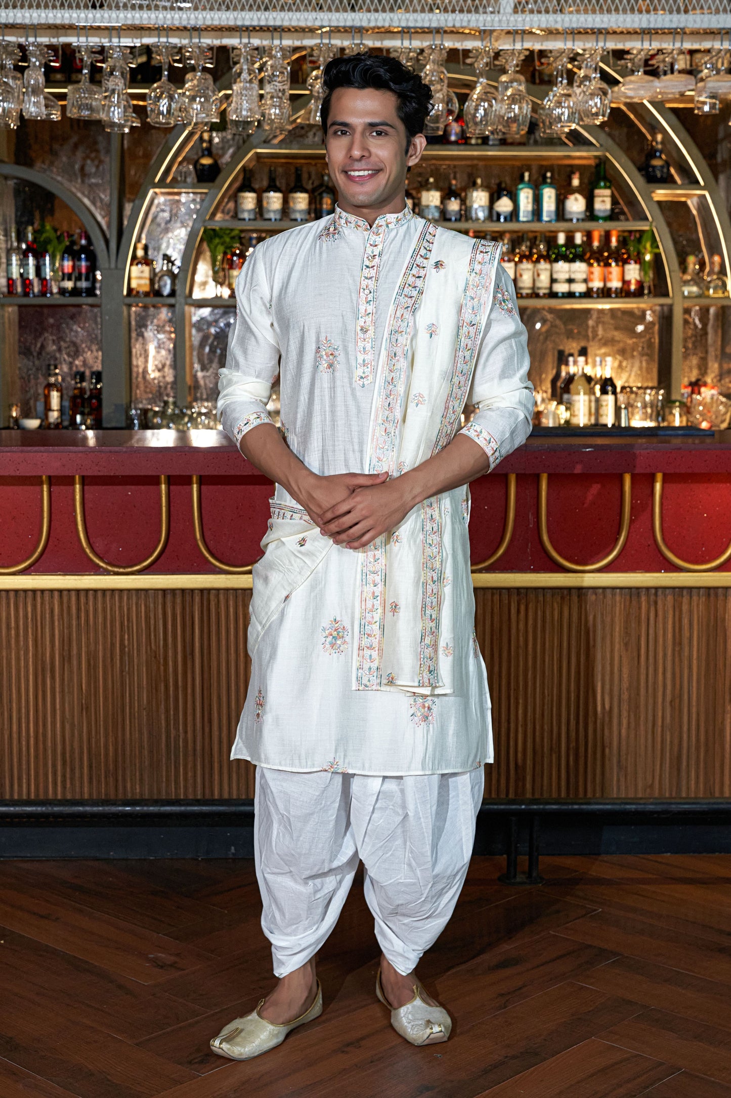 The White Long Kurta with Multicolor Embroidery and Sequins Work