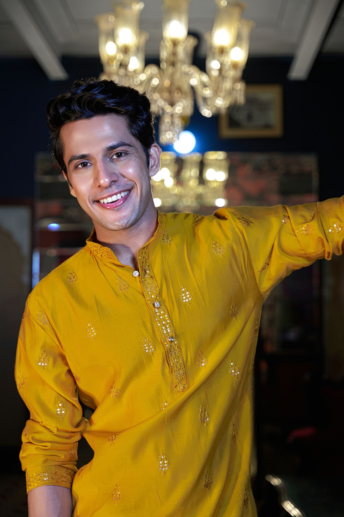 The Honey Yellow Long Kurta With Stripe Thread and Sequins Work