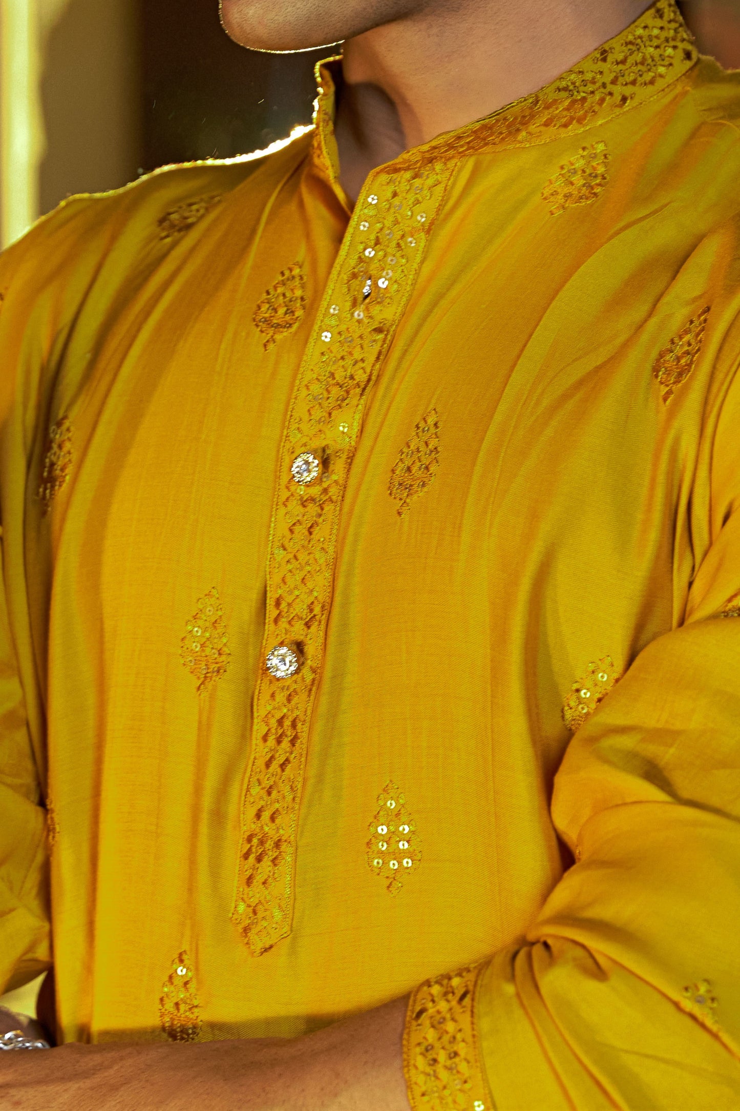 The Honey Yellow Long Kurta With Stripe Thread and Sequins Work