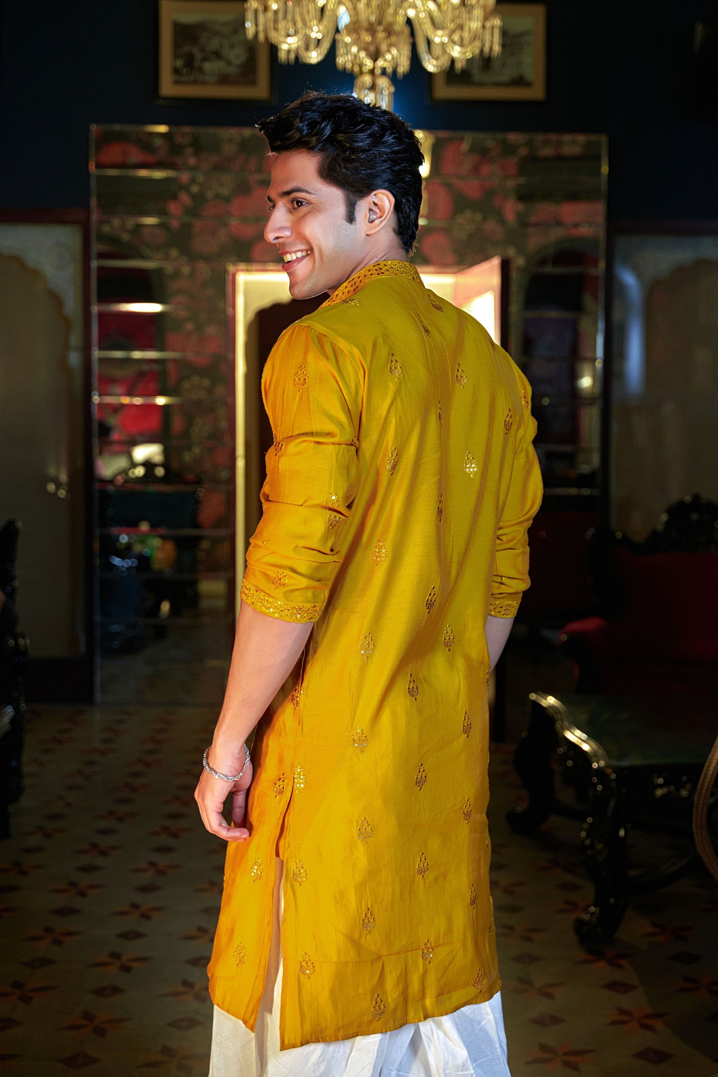 The Honey Yellow Long Kurta With Stripe Thread and Sequins Work