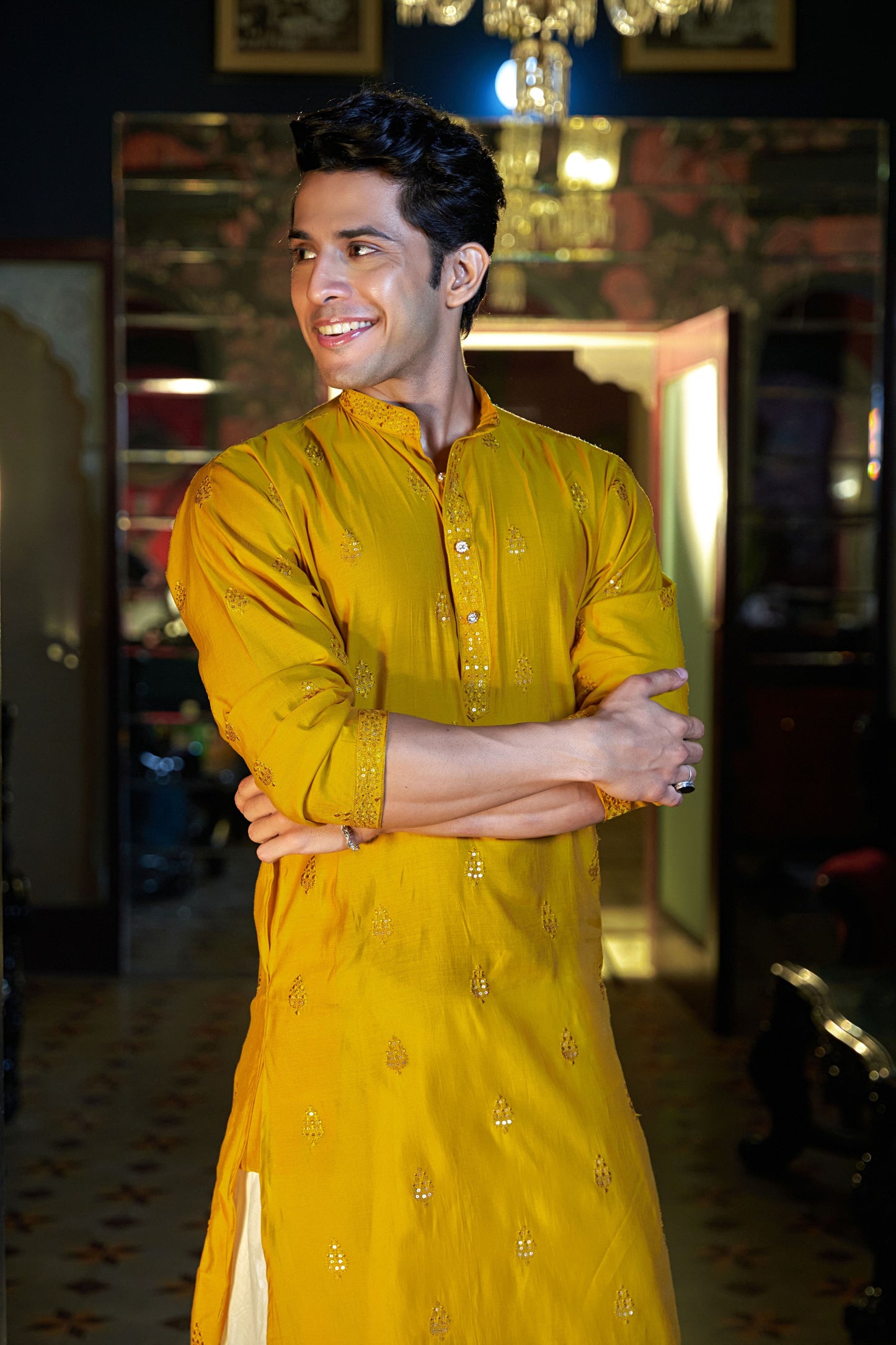 The Honey Yellow Long Kurta With Stripe Thread and Sequins Work