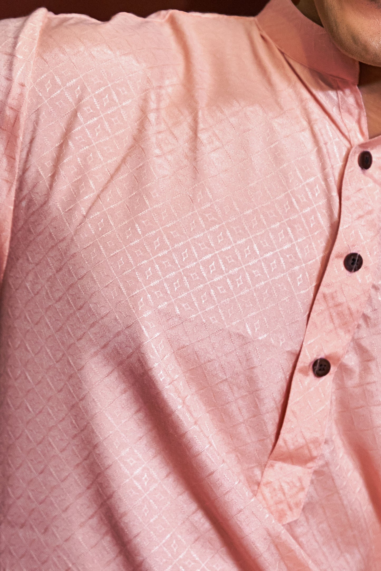 The Salmon Pink Color Long Kurta with Geometric Self-Work