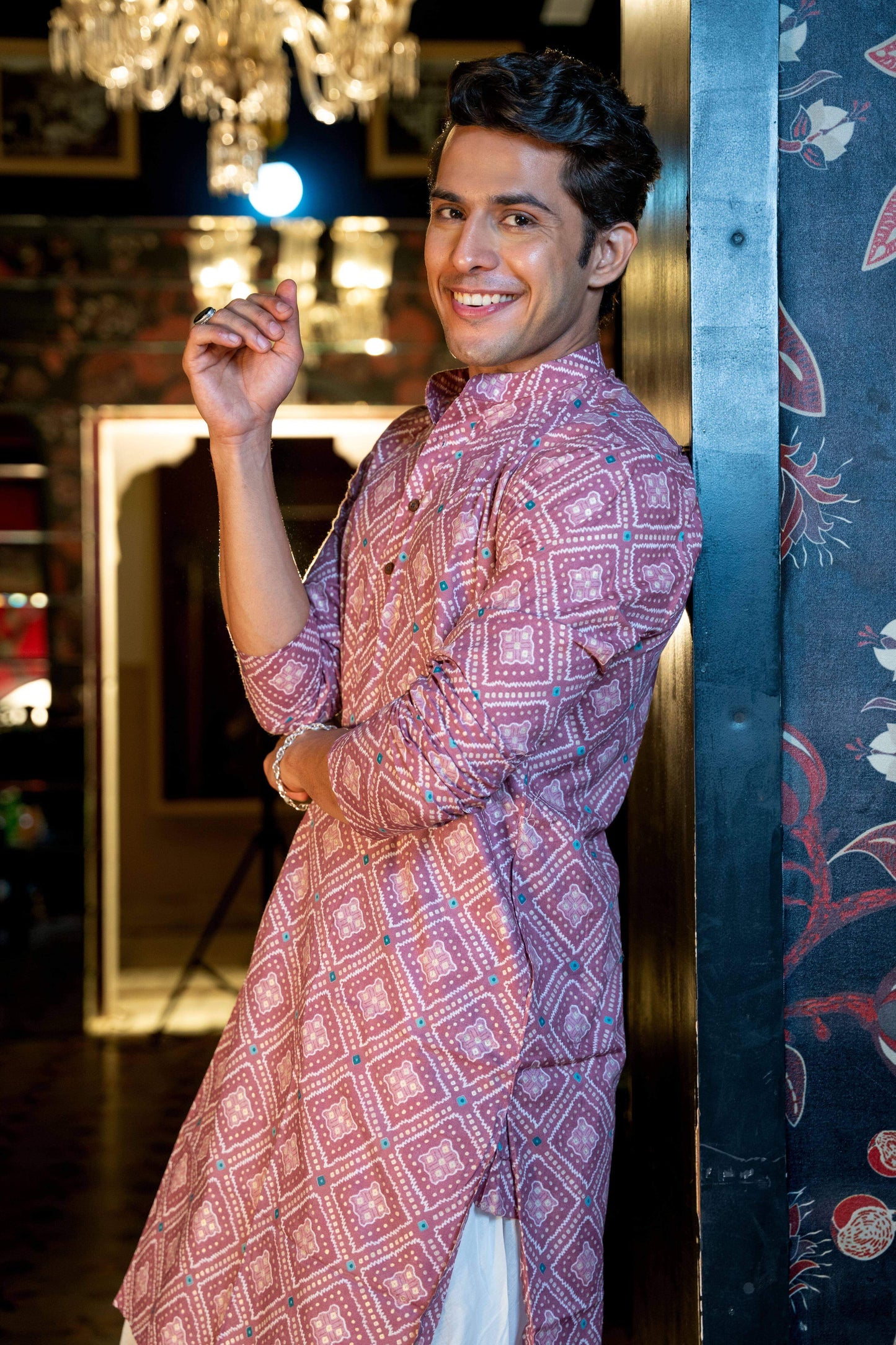 The Onion Pink Foil Print Long Kurta with Geometric Print