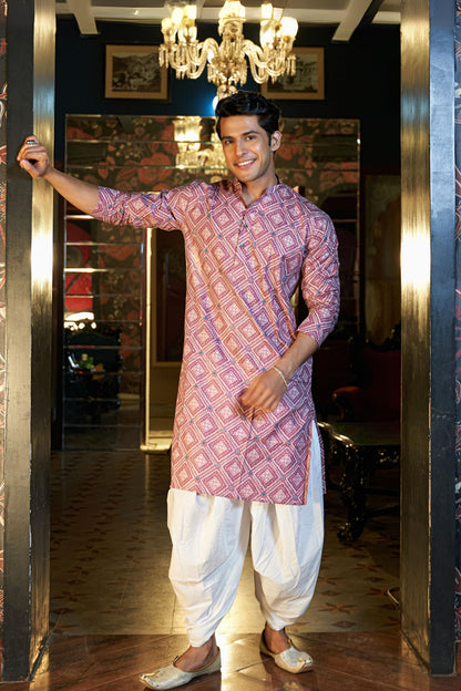 The Onion Pink Foil Print Long Kurta with Geometric Print