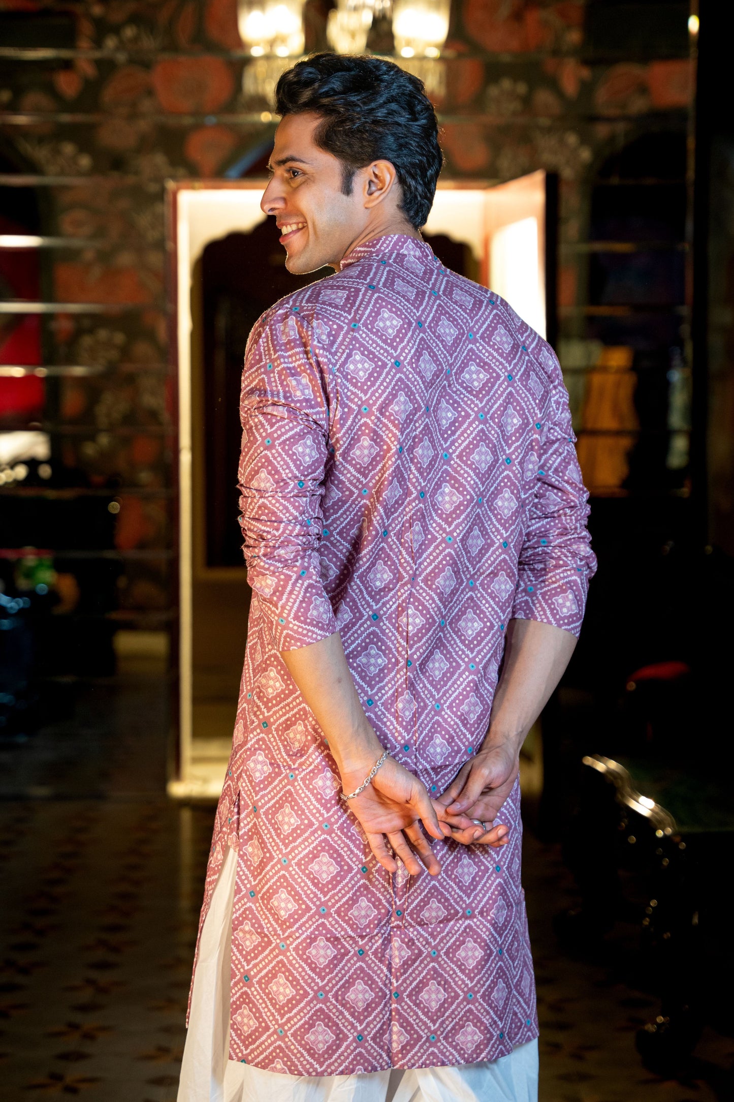 The Onion Pink Foil Print Long Kurta with Geometric Print