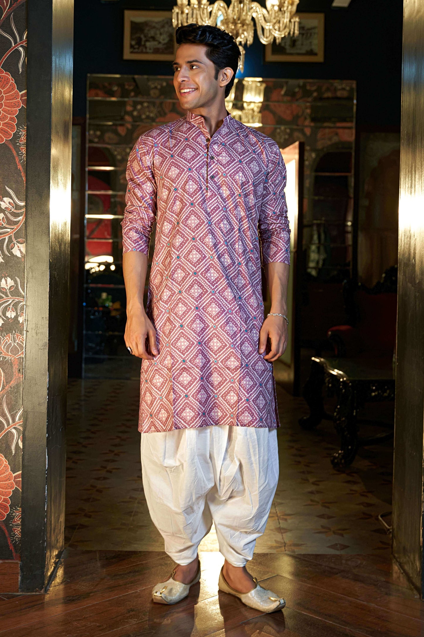 The Onion Pink Foil Print Long Kurta with Geometric Print