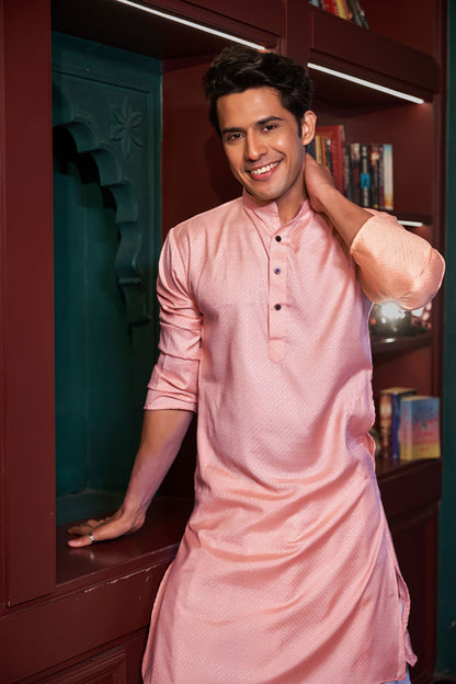 The Salmon Pink Color Long Kurta with Geometric Self-Work