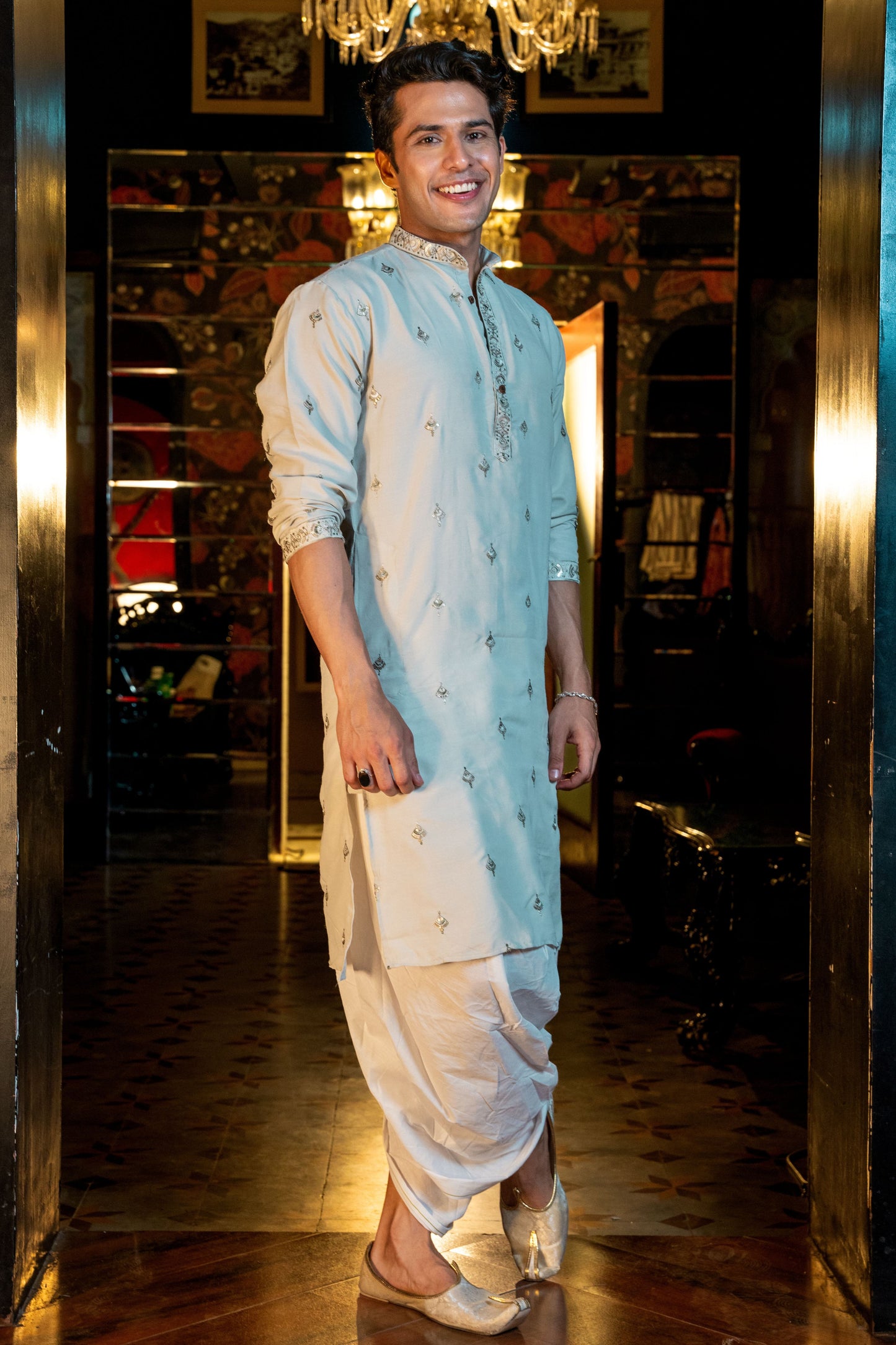 The Laurel Green Long Kurta With Butti Embroidery And Sequins Work