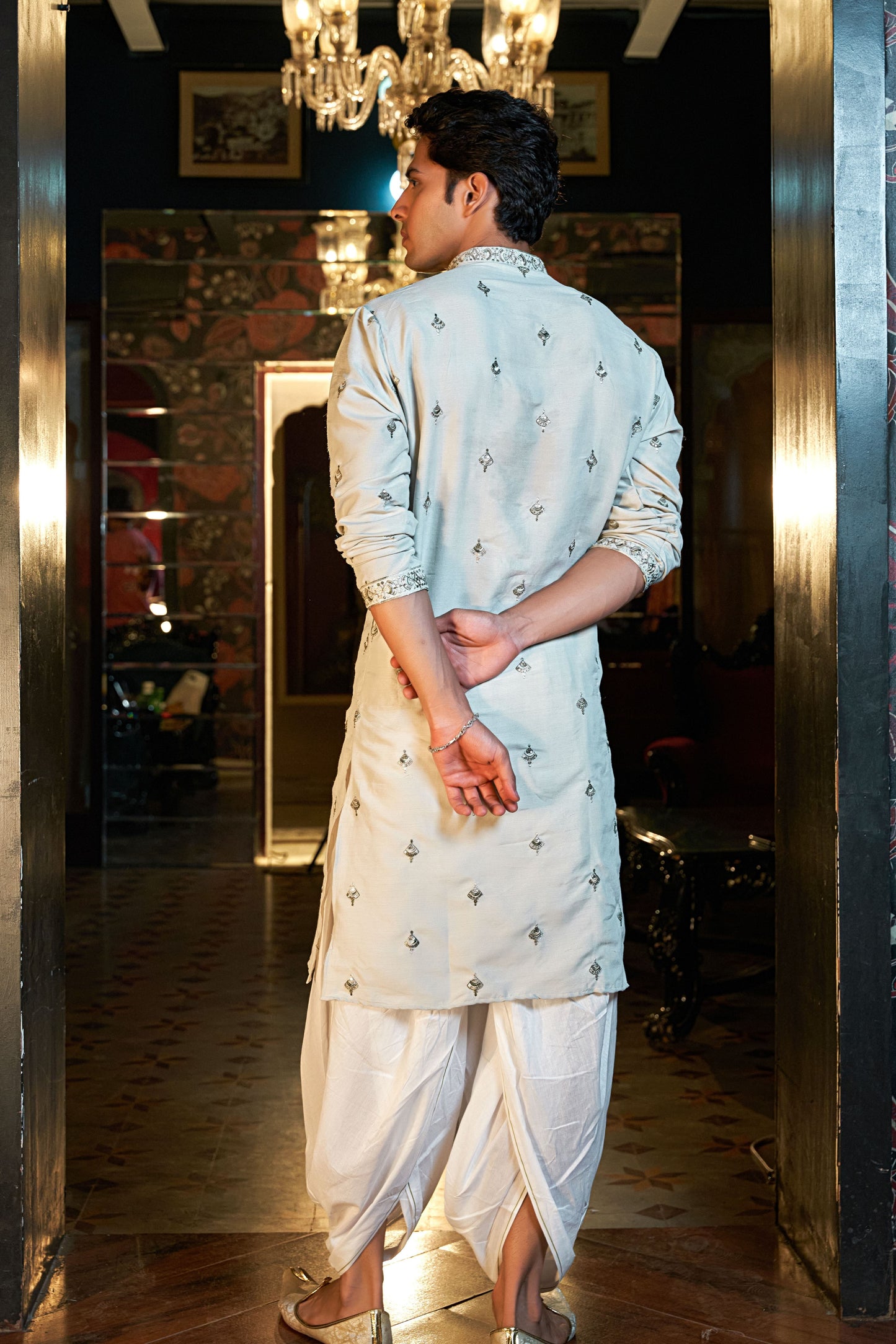 The Laurel Green Long Kurta With Butti Embroidery And Sequins Work