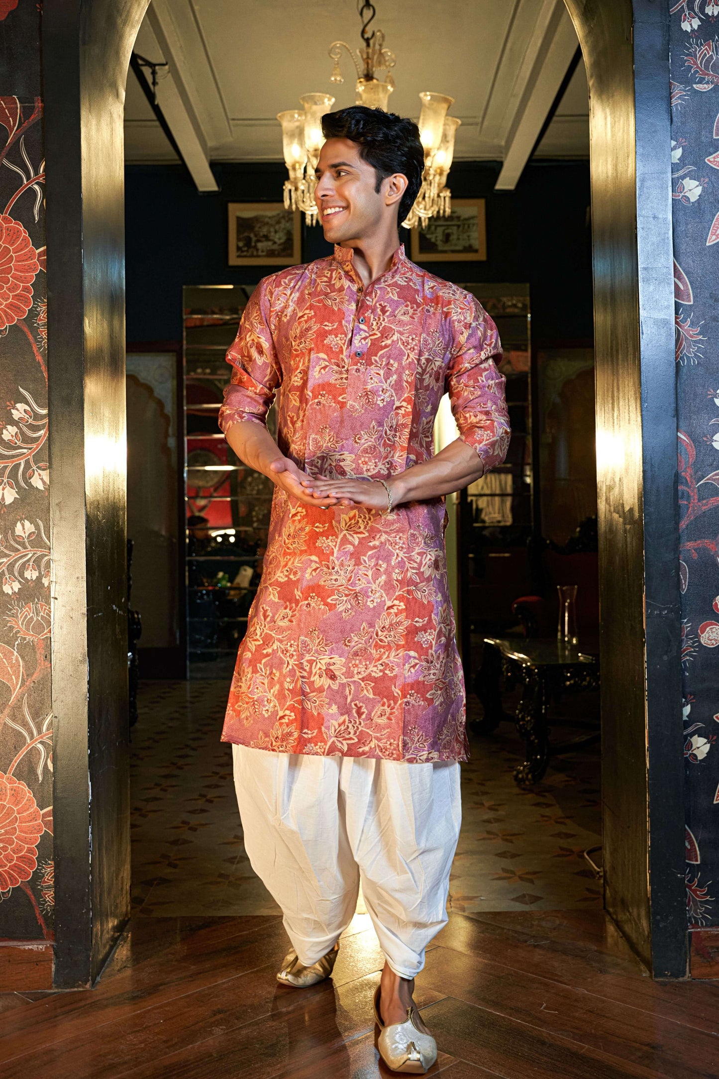 The Lilac Purple and Pink Long Kurta With Floral Foil Print