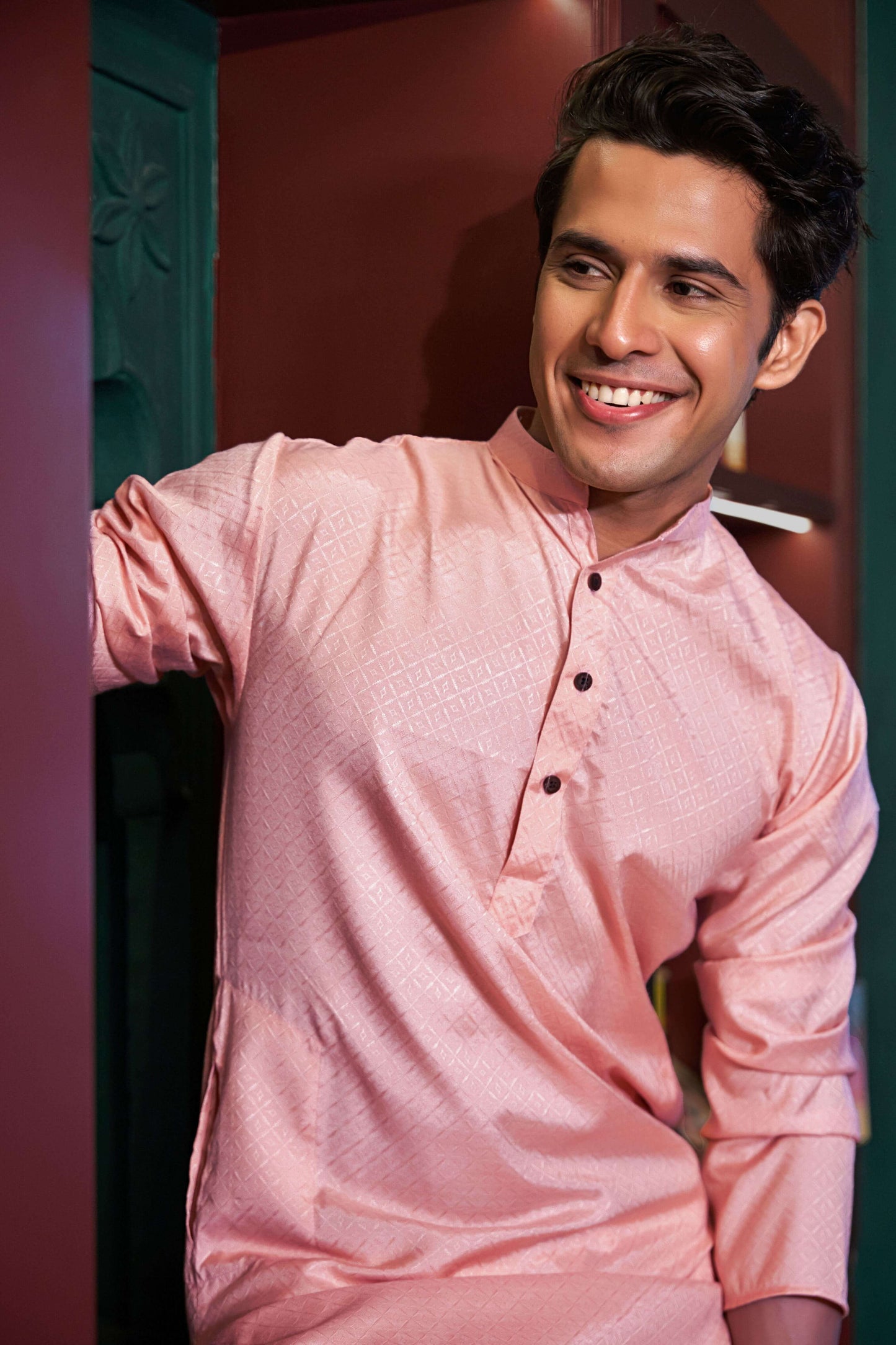 The Salmon Pink Color Long Kurta with Geometric Self-Work