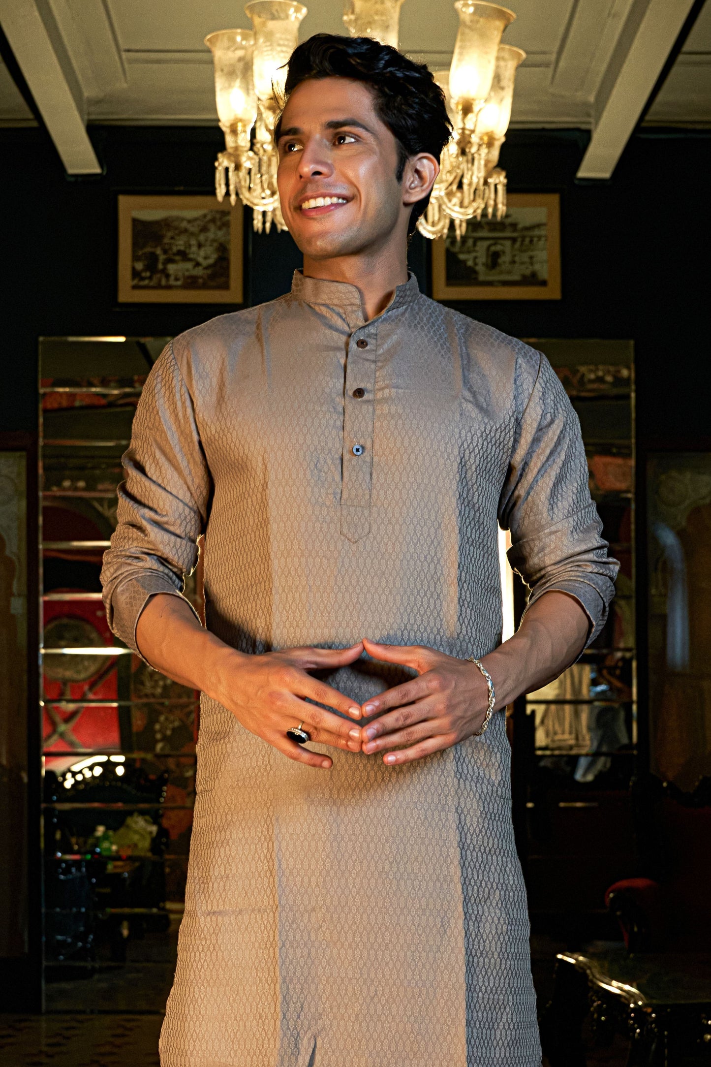 The Thunder Grey Long Kurta with Self Butti Work