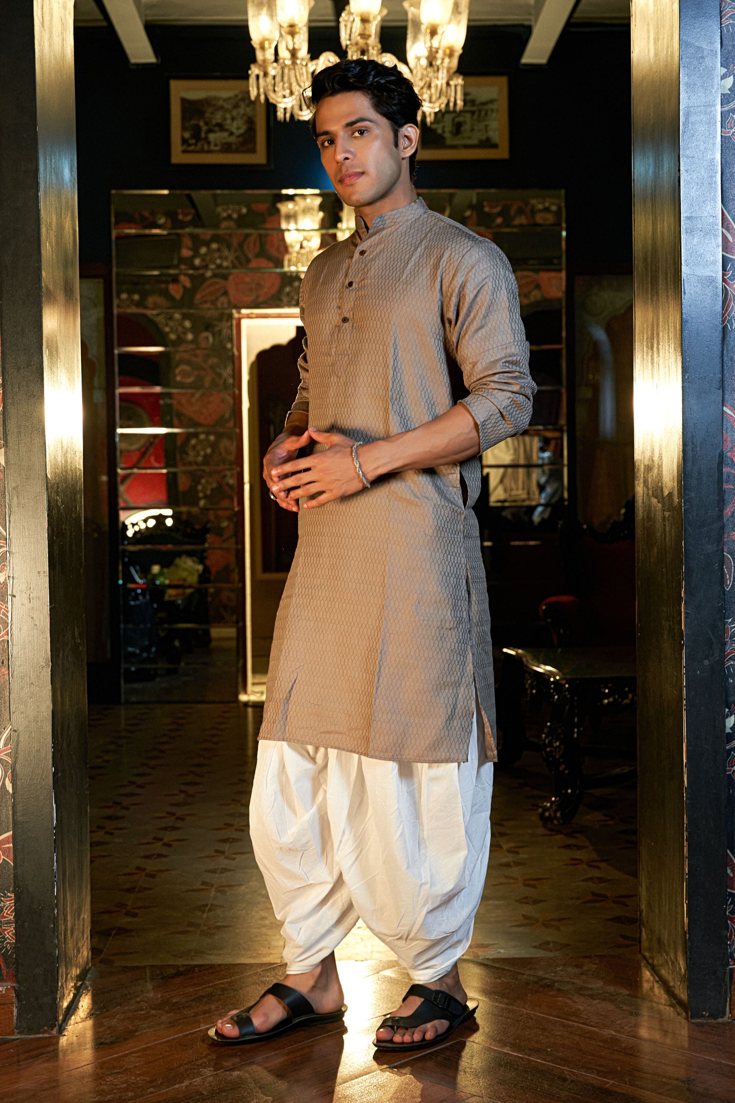 The Thunder Grey Long Kurta with Self Butti Work