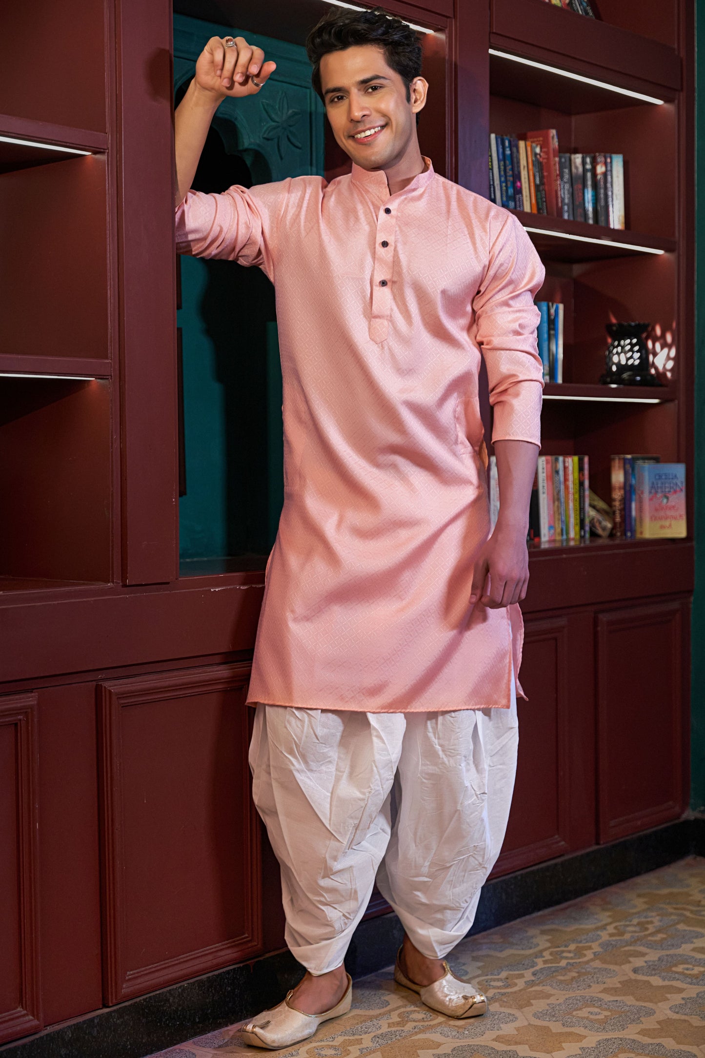 The Salmon Pink Color Long Kurta with Geometric Self-Work