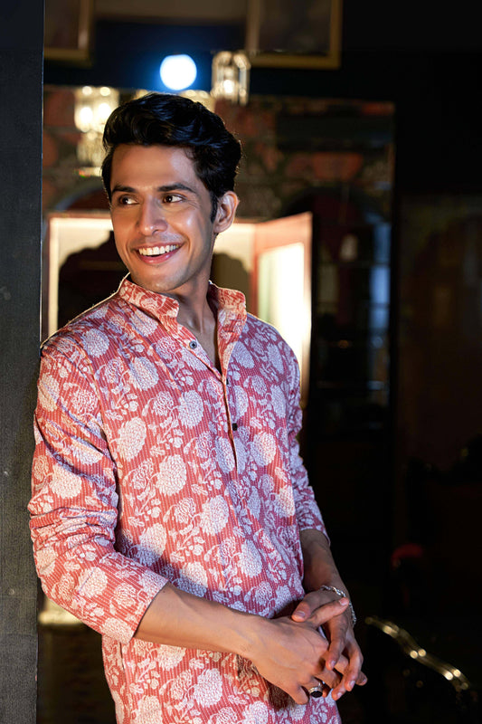 The Millennial Pink Kantha Work Long Kurta with Flower Print