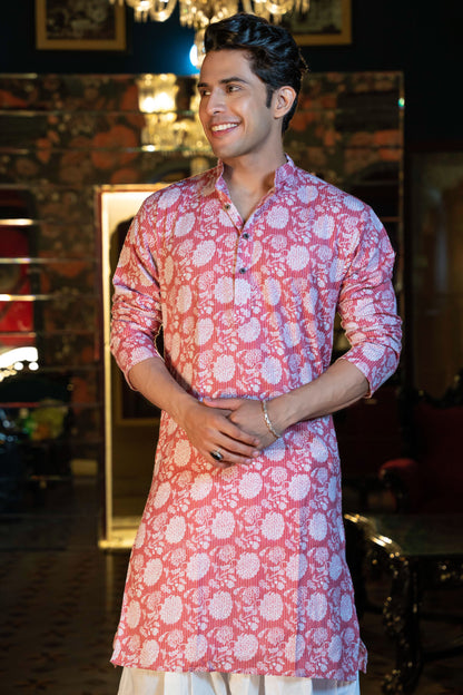 The Millennial Pink Kantha Work Long Kurta with Flower Print