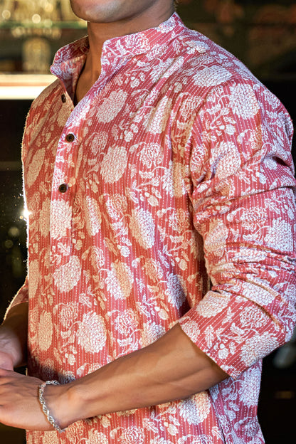 The Millennial Pink Kantha Work Long Kurta with Flower Print