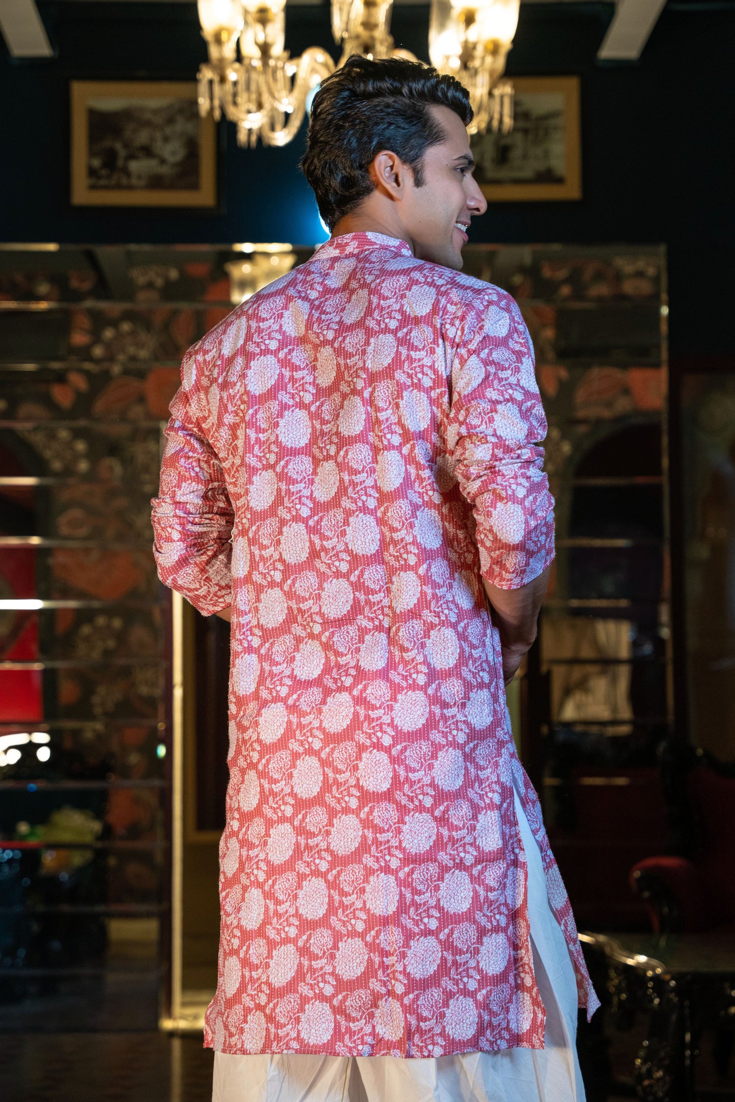 The Millennial Pink Kantha Work Long Kurta with Flower Print