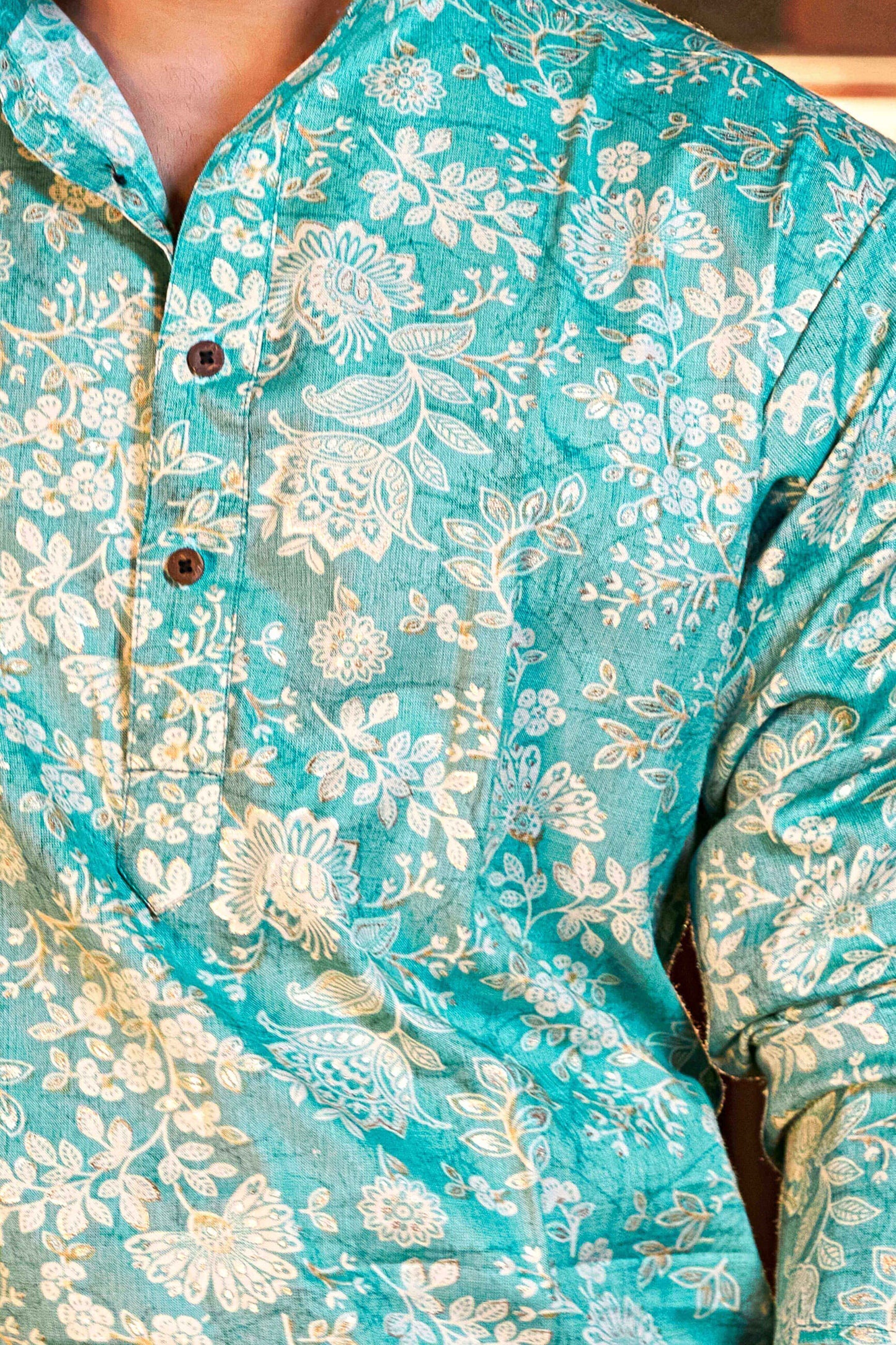 The Arctic Blue Foil Work Long Kurta With Botanical Print