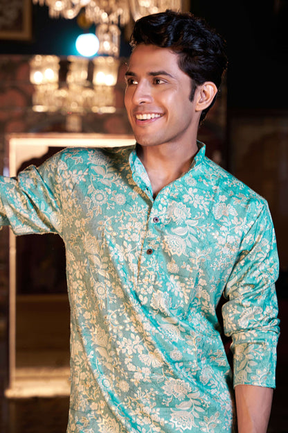 The Arctic Blue Foil Work Long Kurta With Botanical Print