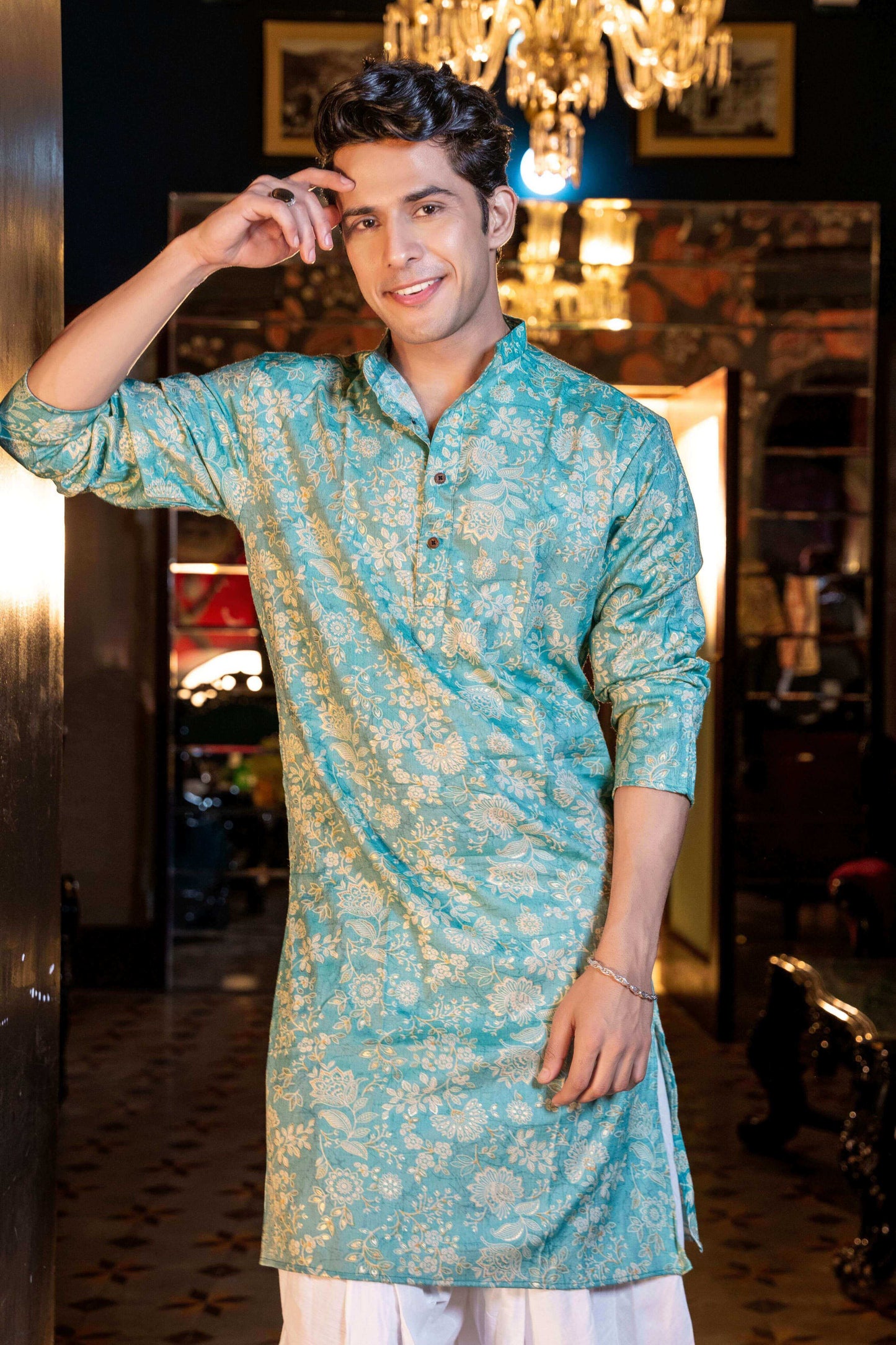 The Arctic Blue Foil Work Long Kurta With Botanical Print