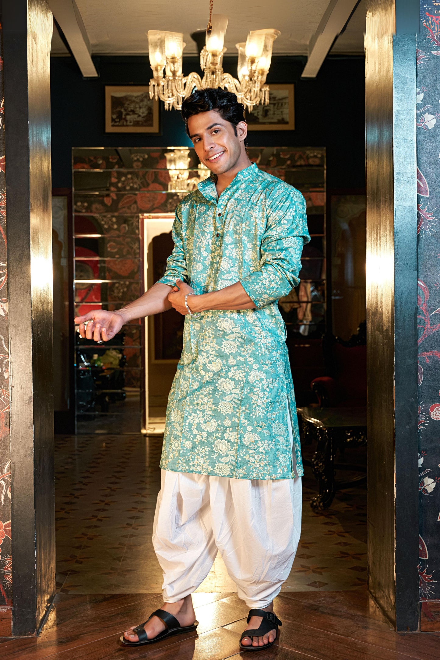 The Arctic Blue Foil Work Long Kurta With Botanical Print