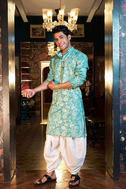 The Arctic Blue Foil Work Long Kurta With Botanical Print