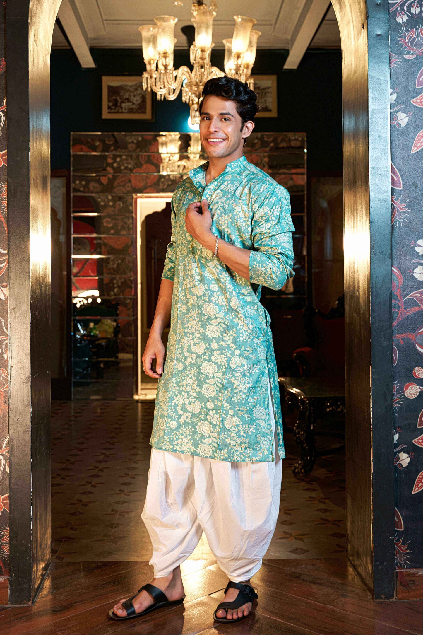 The Arctic Blue Foil Work Long Kurta With Botanical Print