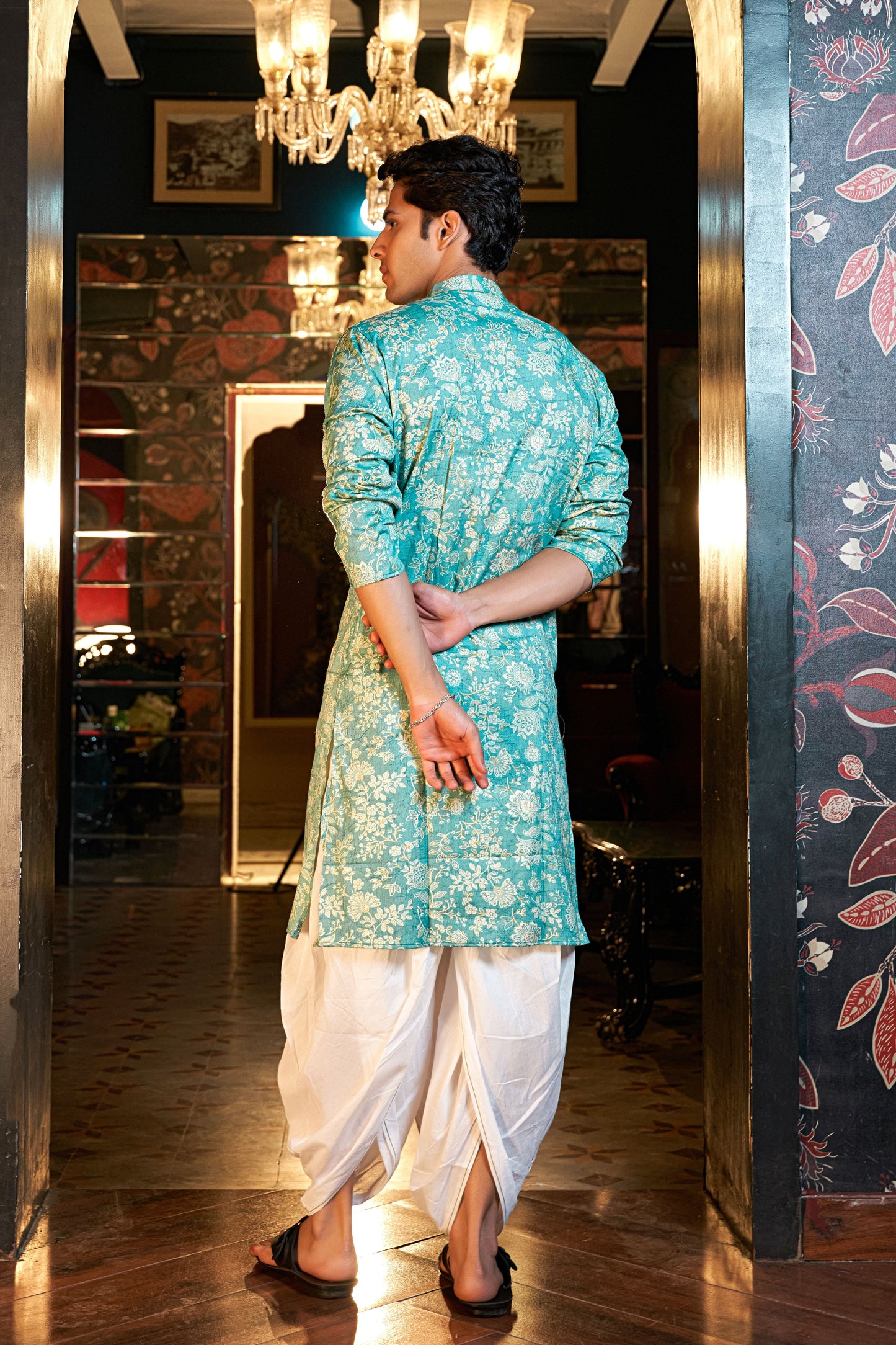 The Arctic Blue Foil Work Long Kurta With Botanical Print