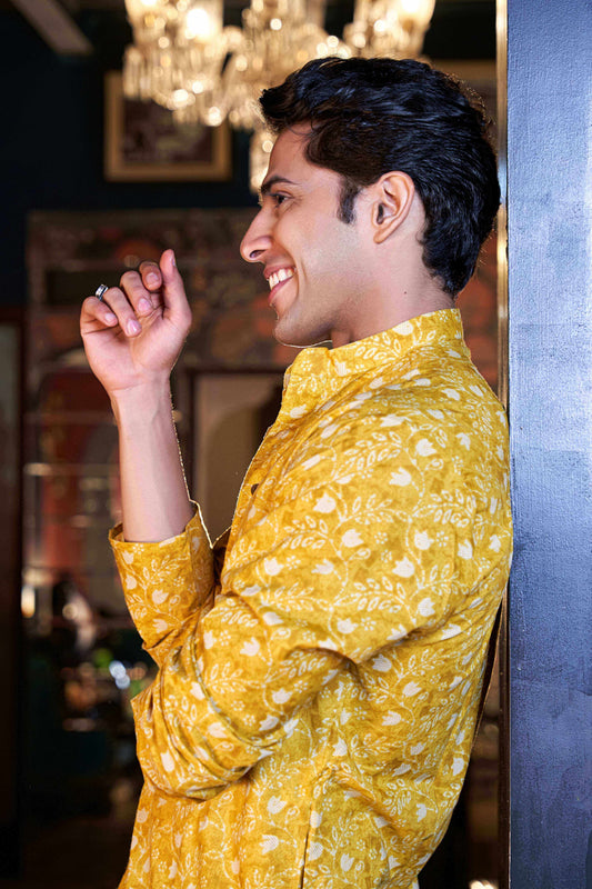 The Vivid Yellow Long Kurta With Batik Foil Print