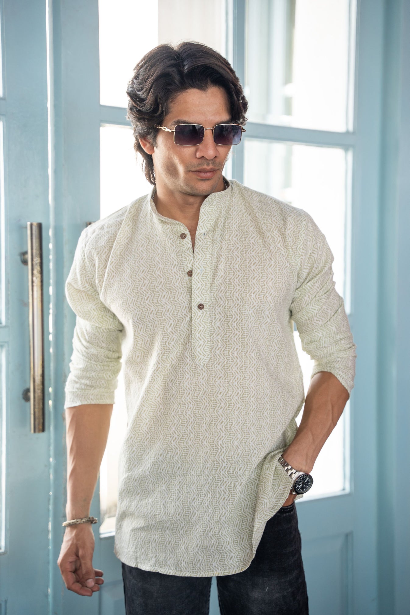 The White Kantha Work Short Kurta With Pastel Green Tribal Print – Shasak