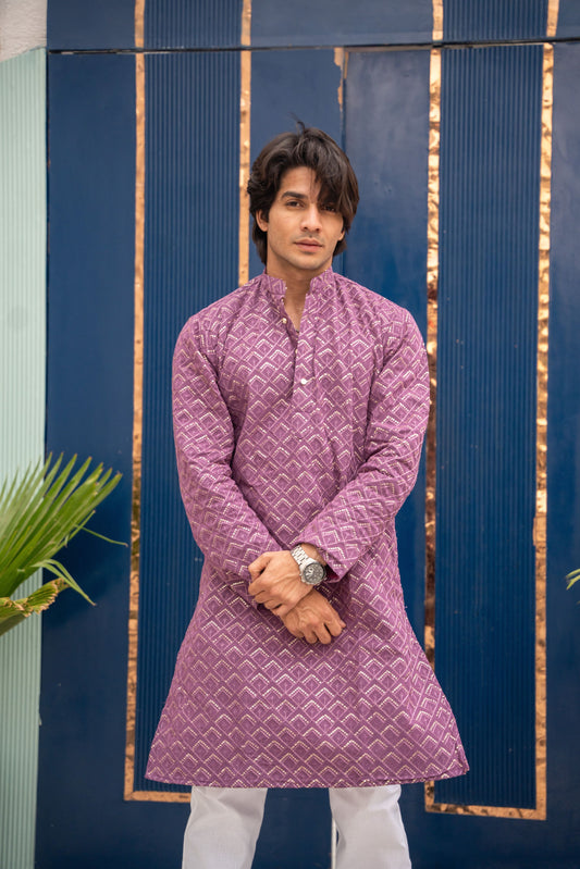 The Pruple Long Kurta With Geometric Embroidery and sequins Work