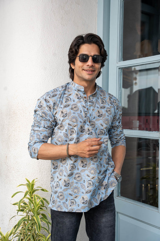 The Sky Blue Short Kurta With All-Over Floral Print