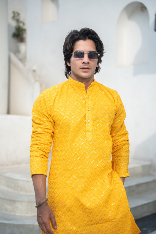 The Yellow Long Kurta With Geometric Embroidery and Sequins Work